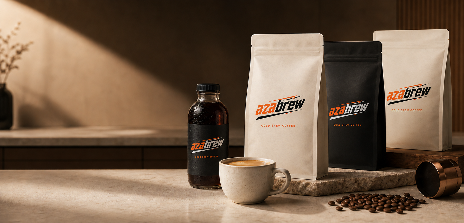 AZABREW branded coffee bags, cold brew, cup, and coffee beans on a warm premium counter